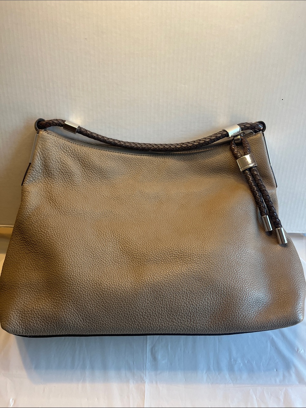 MK Collection Scorpios Taupe Leather Shoulder Bag with Braided Dark Brown Handle